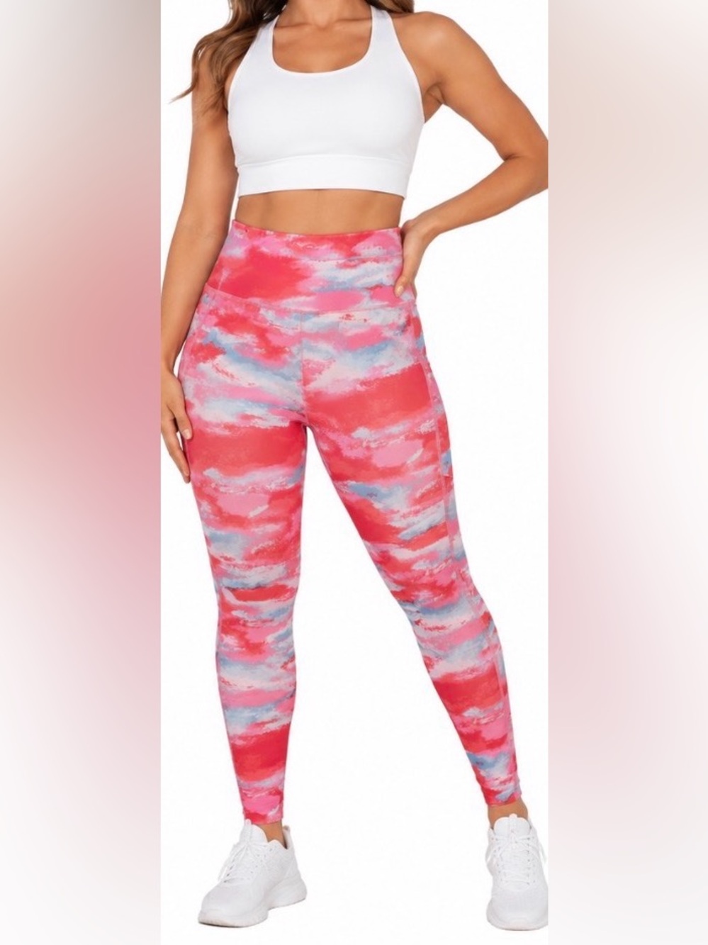 Tahari Pink Blue Abstract Print High Rise Leggings Size L Activewear